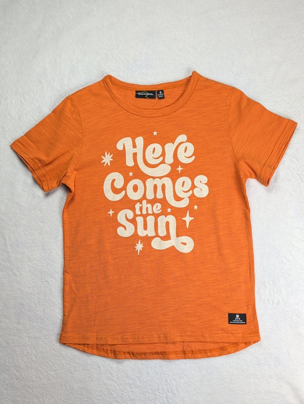 Rock Your Kid Here Comes The Sun Orange Graphic Slub Cotton Tee Shirt Size 8 AU